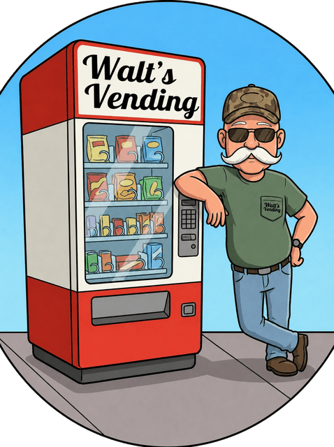 Walt's Vending — Walt leaning on a stocked vending machine